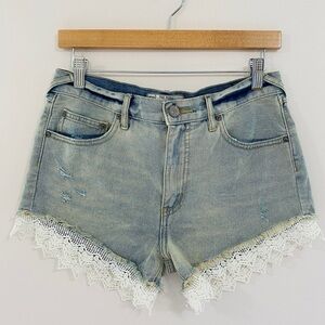 Free People High- Waisted Jean Shorts with Lace Trim, Light Wash, Size 27
